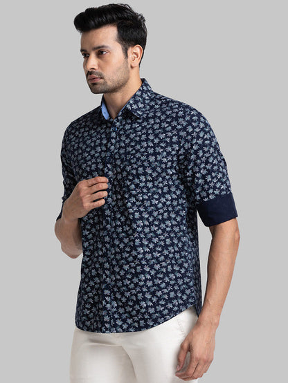Parx Men Blue Printed Slim Fit Cotton Casual Shirt