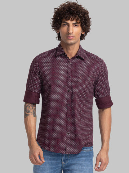 Parx Men Maroon Slim Fit Printed Full Sleeve Cutaway Collar Shirt