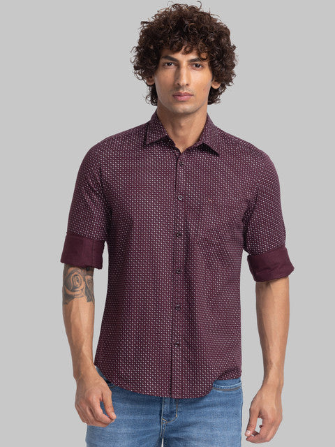 Parx Men Maroon Slim Fit Printed Full Sleeve Cutaway Collar Shirt