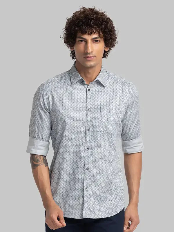 Men Grey Slim Fit Print Cotton Full Sleeve Cutway Collar Shirts