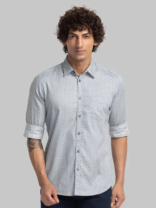 Men Grey Slim Fit Print Cotton Full Sleeve Cutway Collar Shirts