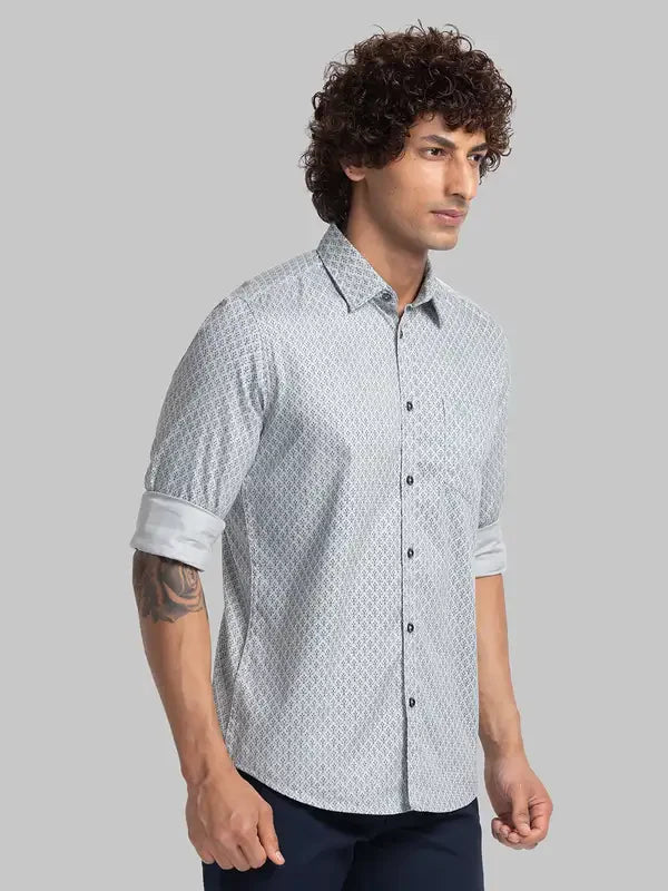 Men Grey Slim Fit Print Cotton Full Sleeve Cutway Collar Shirts