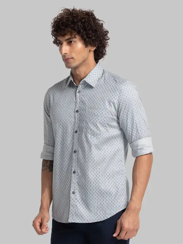 Men Grey Slim Fit Print Cotton Full Sleeve Cutway Collar Shirts