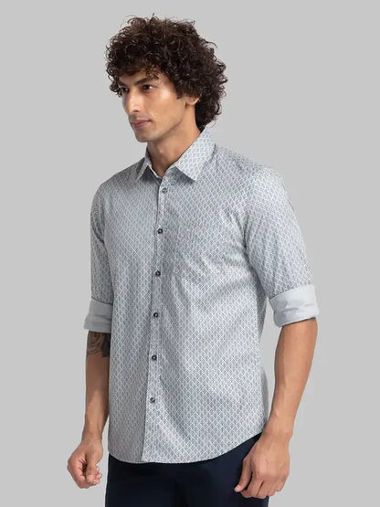 Men Grey Slim Fit Print Cotton Full Sleeve Cutway Collar Shirts