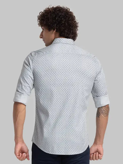 Men Grey Slim Fit Print Cotton Full Sleeve Cutway Collar Shirts