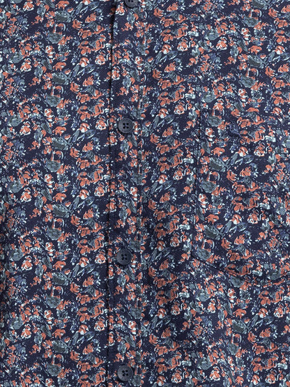 Parx Men Blue Slim Fit Printed Full Sleeve Cutaway Collar Shirt