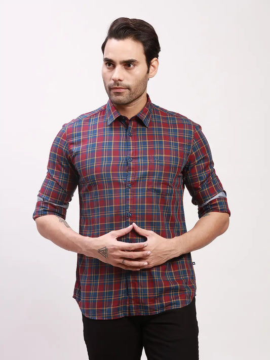 Parx Men Red Checks Slim Fit Cotton Full Sleeve Shirts