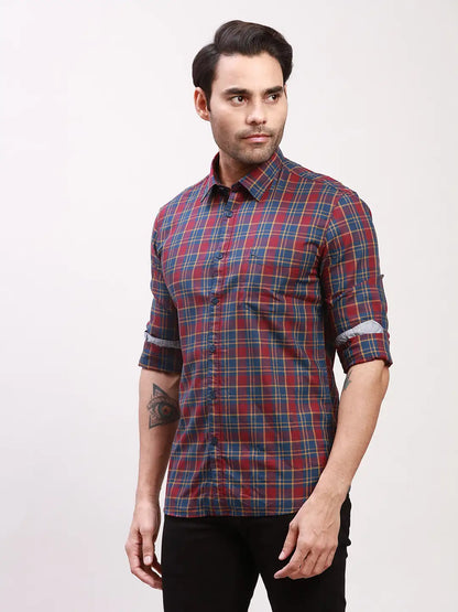 Parx Men Red Checks Slim Fit Cotton Full Sleeve Shirts