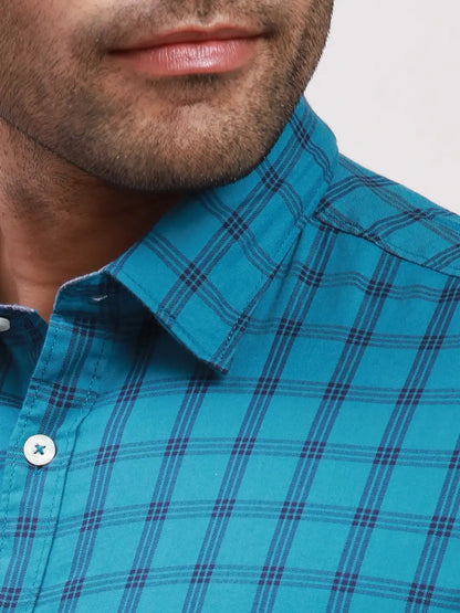 Parx Men Blue Checks Slim Fit Cotton Casual Shirt