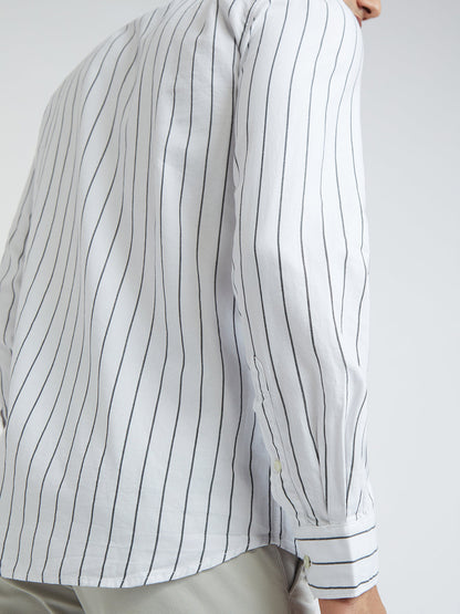 Men White Slim Fit Stripe Cotton Full Sleeve Shirts