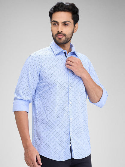 Parx Men Blue Printed Slim Fit Polyester Blend Shirt