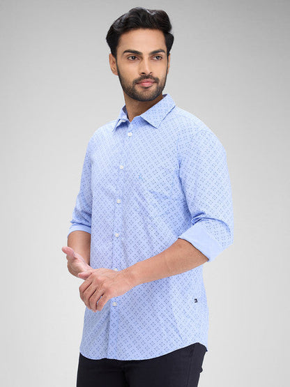 Parx Men Blue Printed Slim Fit Polyester Blend Shirt