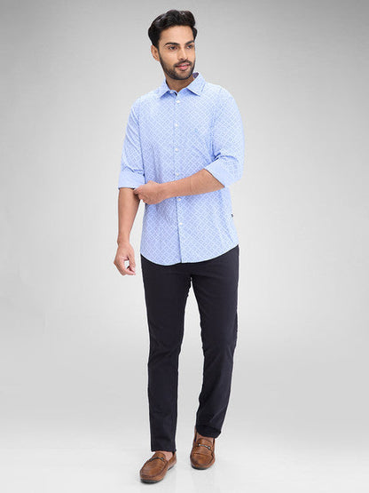Parx Men Blue Printed Slim Fit Polyester Blend Shirt