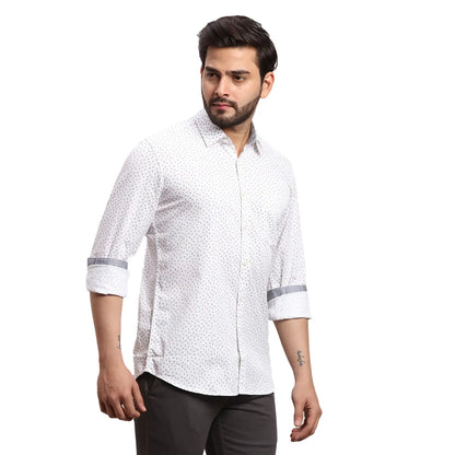 Men White Slim Fit Print Cotton Full Sleeves Cutaway Collar Shirts