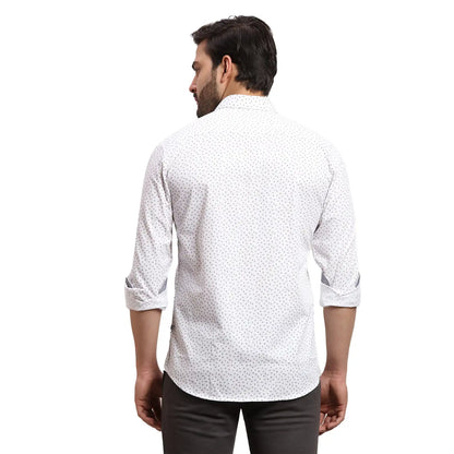 Men White Slim Fit Print Cotton Full Sleeves Cutaway Collar Shirts