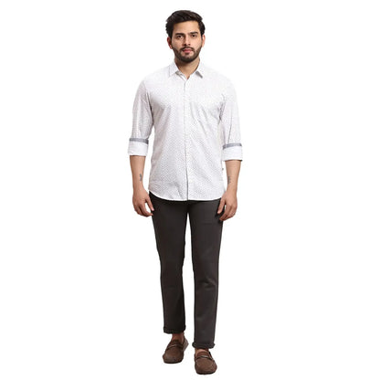 Men White Slim Fit Print Cotton Full Sleeves Cutaway Collar Shirts