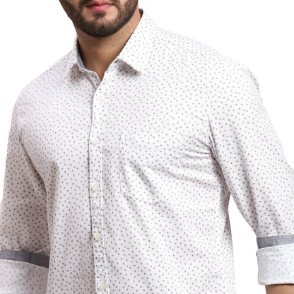Men White Slim Fit Print Cotton Full Sleeves Cutaway Collar Shirts
