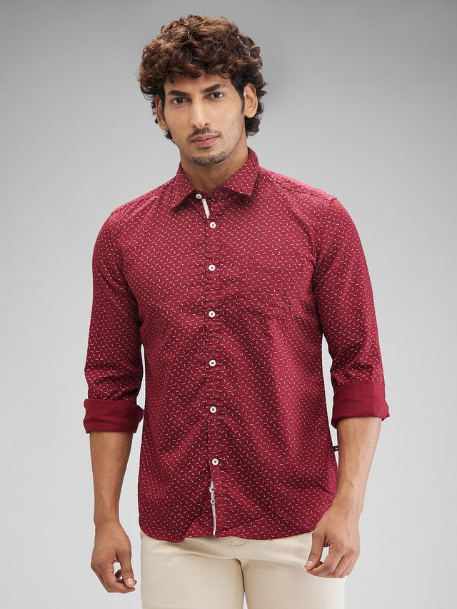 Parx Maroon Printed Slim Fit Cotton Casual Shirt