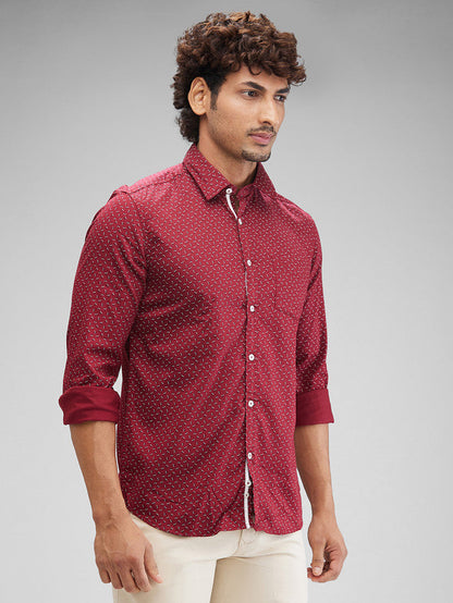 Parx Maroon Printed Slim Fit Cotton Casual Shirt