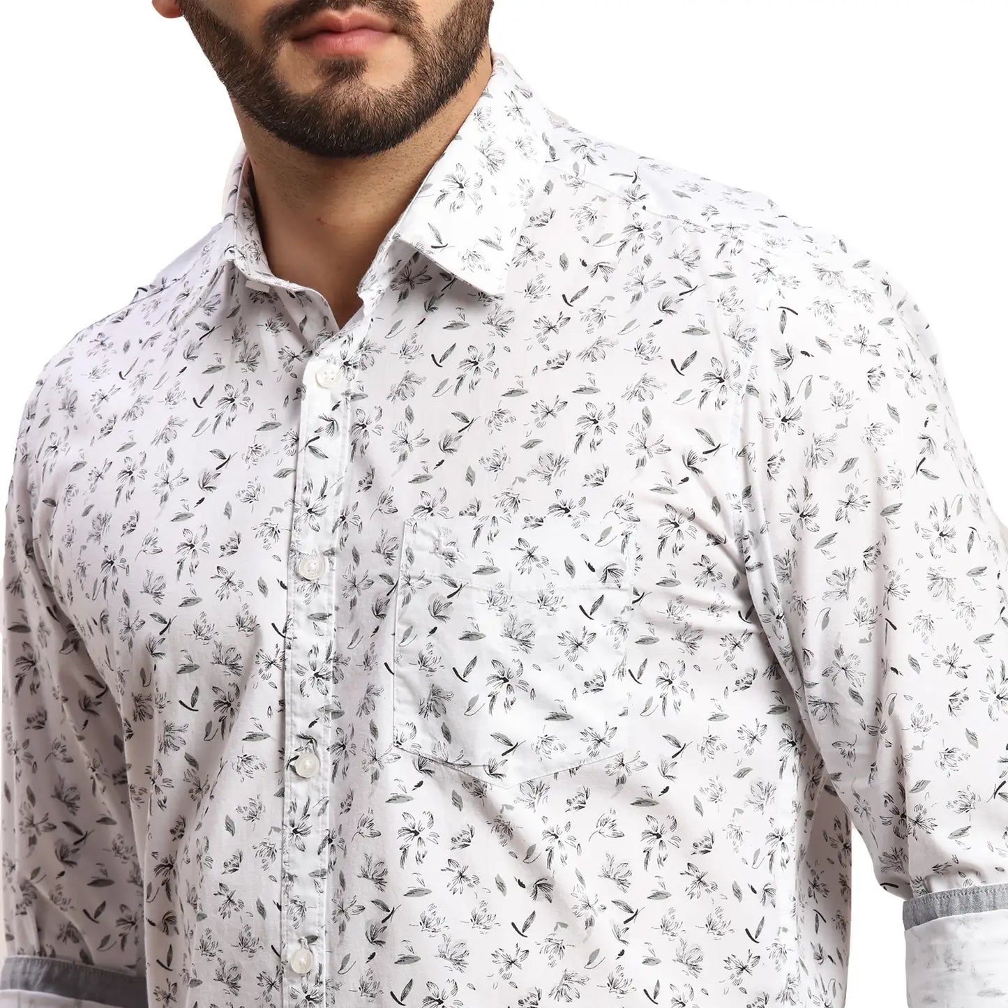 Men White Slim Fit Print Cotton Full Sleeves Cutaway Collar Shirts