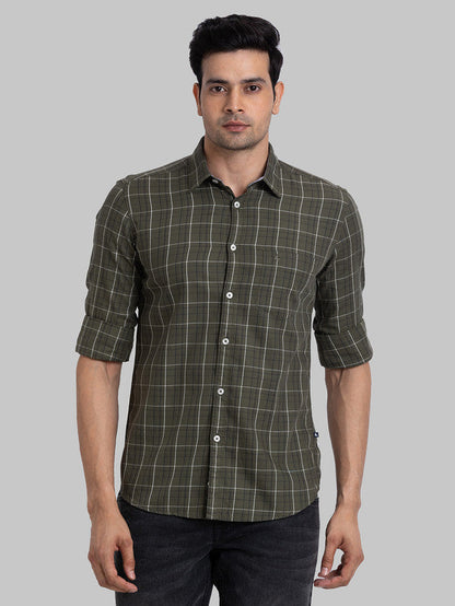 Parx Men Green Checkered Slim Fit Full Sleeve Semi Cut Away Collar Shirt