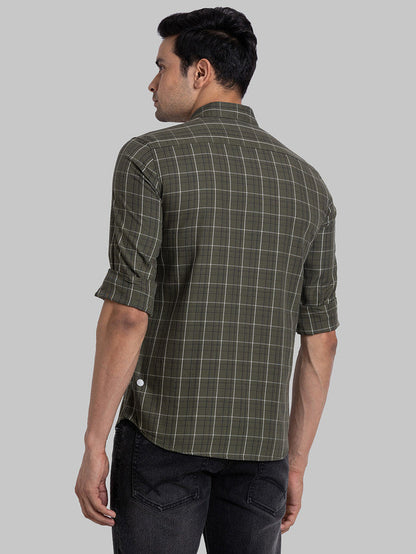Parx Men Green Checkered Slim Fit Full Sleeve Semi Cut Away Collar Shirt