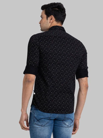 Parx Men Black Printed Slim Fit Full Sleeve Semi Cut Away Collar Shirt