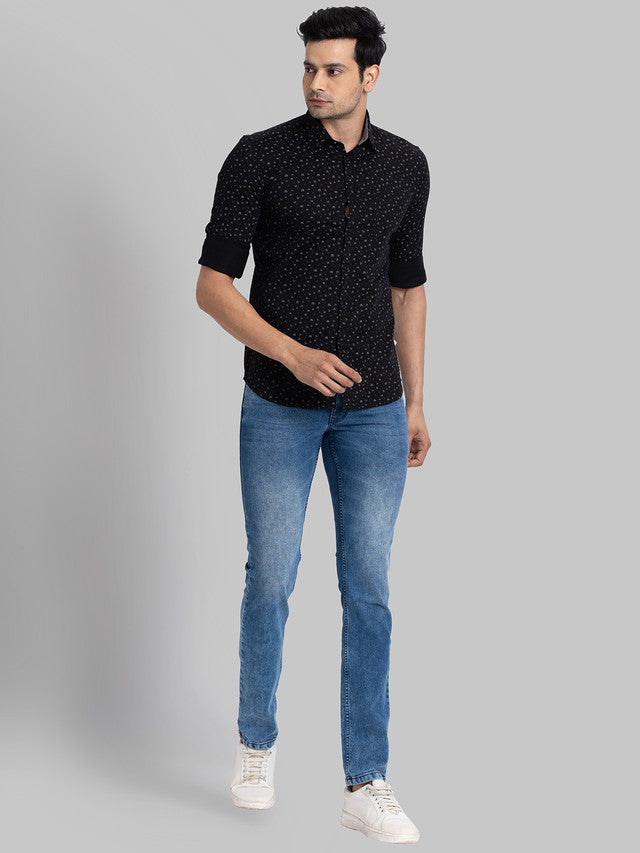 Parx Men Black Printed Slim Fit Full Sleeve Semi Cut Away Collar Shirt