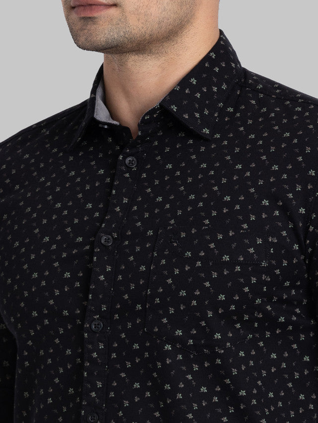 Parx Men Black Printed Slim Fit Full Sleeve Semi Cut Away Collar Shirt