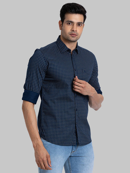 Parx Men Blue Printed Slim Fit Full Sleeve Semi Cut Away Collar Shirt