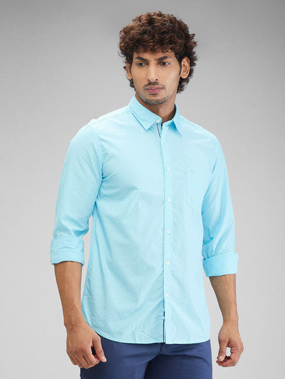 Parx Blue Solid Slim Fit Cotton Casual Shirt