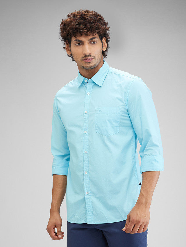 Parx Blue Solid Slim Fit Cotton Casual Shirt