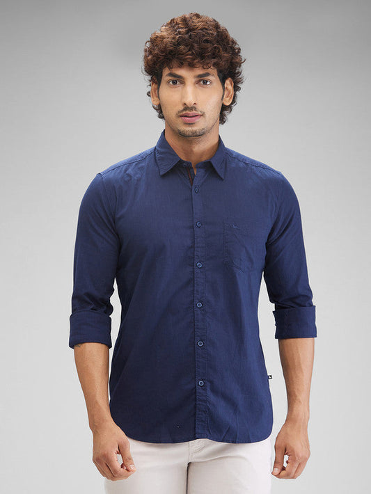 Parx Blue Solid Slim Fit Cotton Casual Shirt
