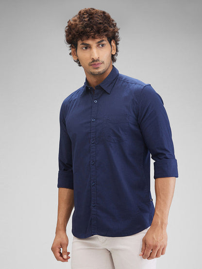 Parx Blue Solid Slim Fit Cotton Casual Shirt
