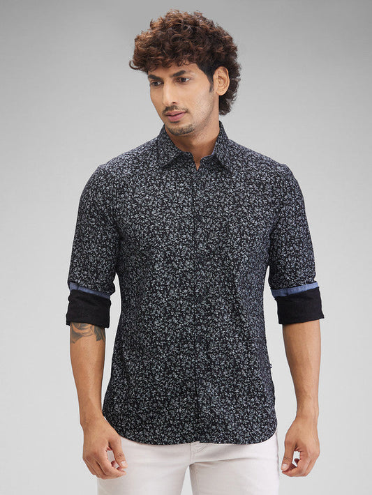 Parx Black Printed Slim Fit Cotton Casual Shirt