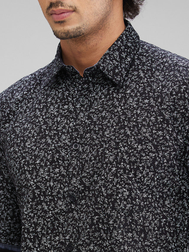 Parx Black Printed Slim Fit Cotton Casual Shirt