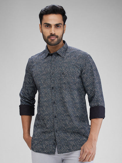 Parx Black Printed Slim Fit Cotton Casual Shirt