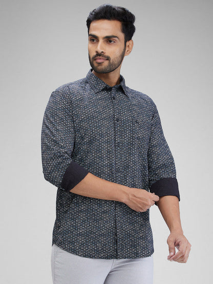 Parx Black Printed Slim Fit Cotton Casual Shirt