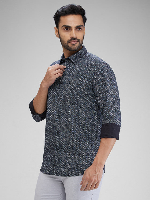 Parx Black Printed Slim Fit Cotton Casual Shirt