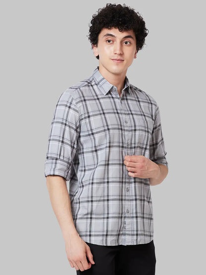 Men Grey Slim Fit Checks Cotton Blend Full Sleeve Shirts
