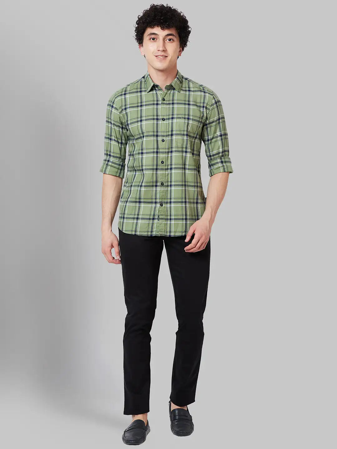 Men Green Slim Fit Checks Cotton Full Sleeve Shirts
