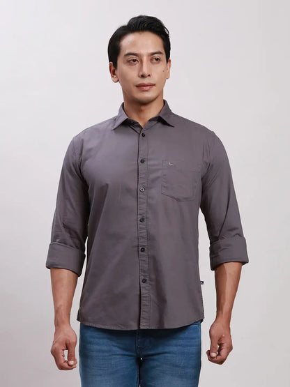 Parx Men Grey Slim Fit Solid Cotton Full Sleeve Cutaway Collar Shirts