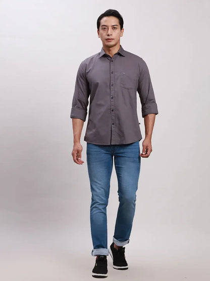 Parx Men Grey Slim Fit Solid Cotton Full Sleeve Cutaway Collar Shirts
