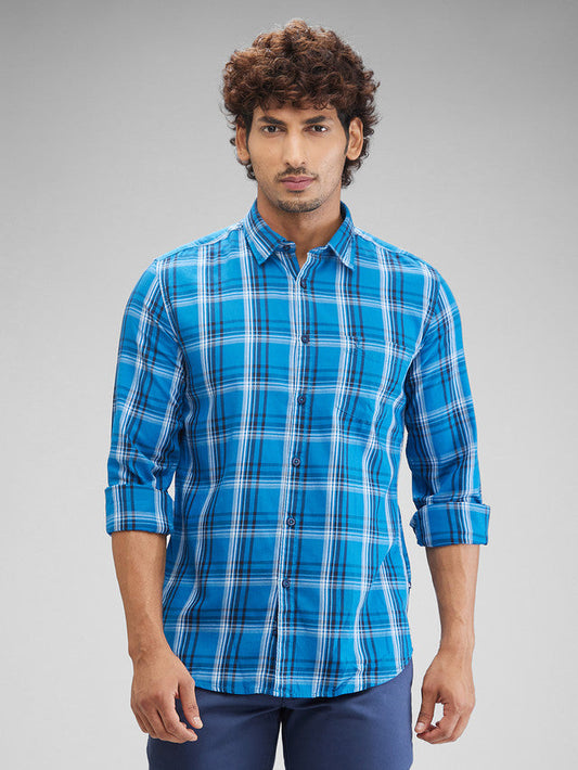 Parx Blue Checks Slim Fit Cotton Casual Shirt