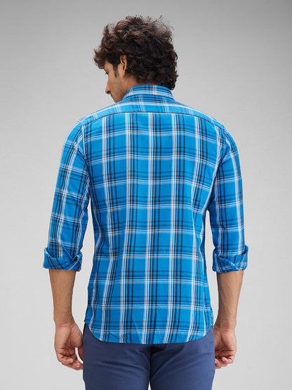 Parx Blue Checks Slim Fit Cotton Casual Shirt