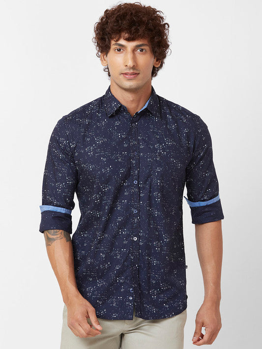Parx Men Blue Printed Slim Fit Cotton Casual Shirt