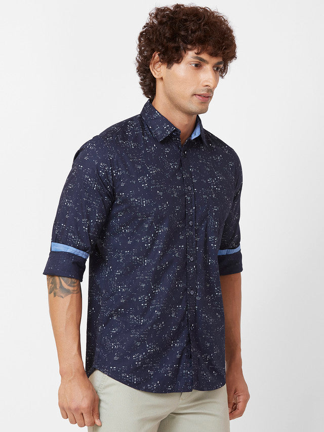 Parx Men Blue Printed Slim Fit Cotton Casual Shirt