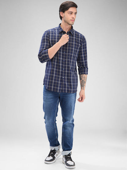 Parx Blue Checks Slim Fit Cotton Casual Shirt