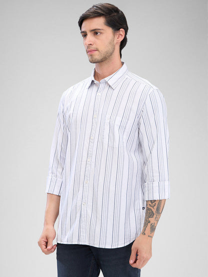 Parx White Stripe Slim Fit Cotton Casual Shirt