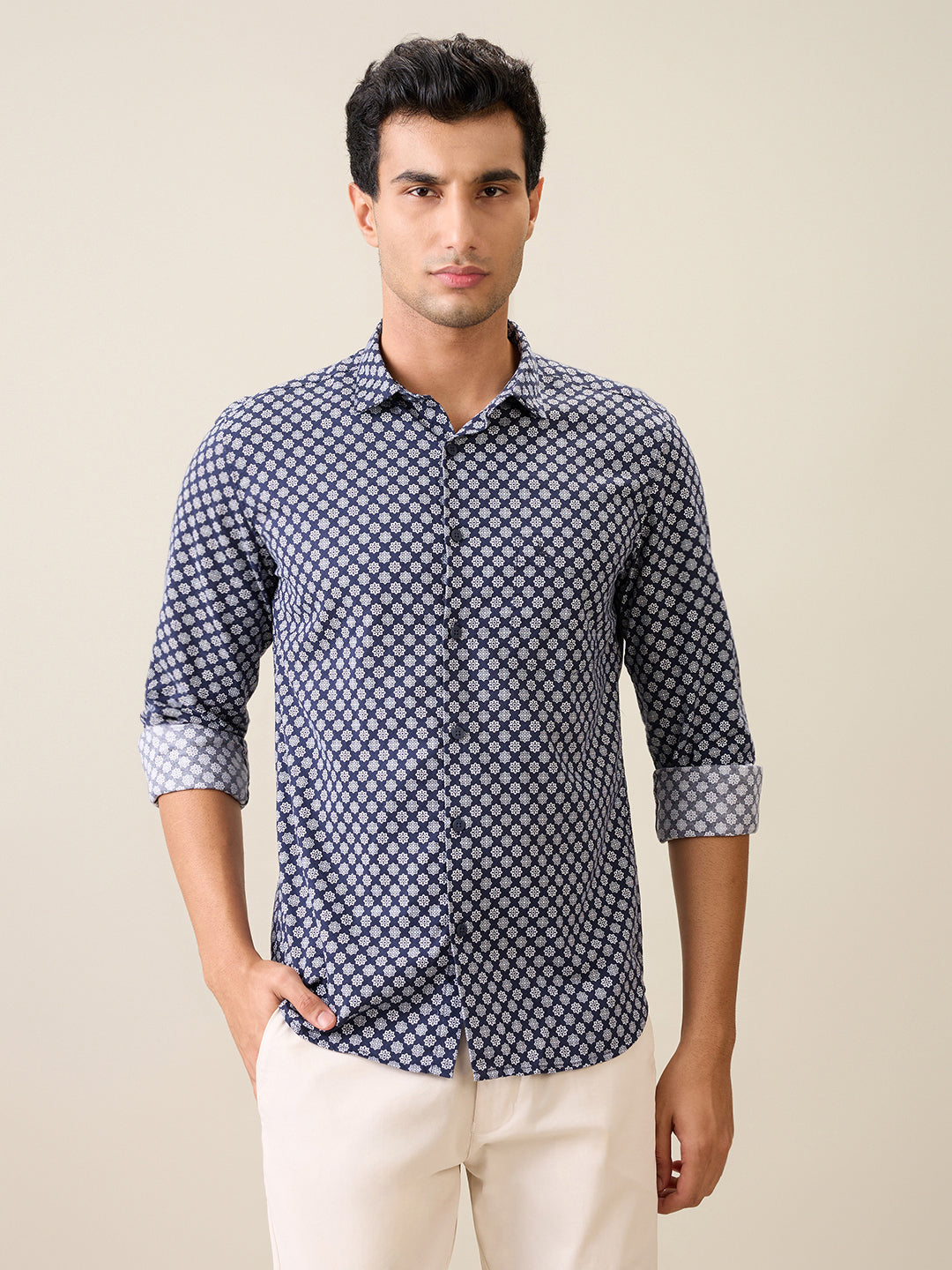 Parx Men Blue Printed Slim Fit Cotton Casual Shirt